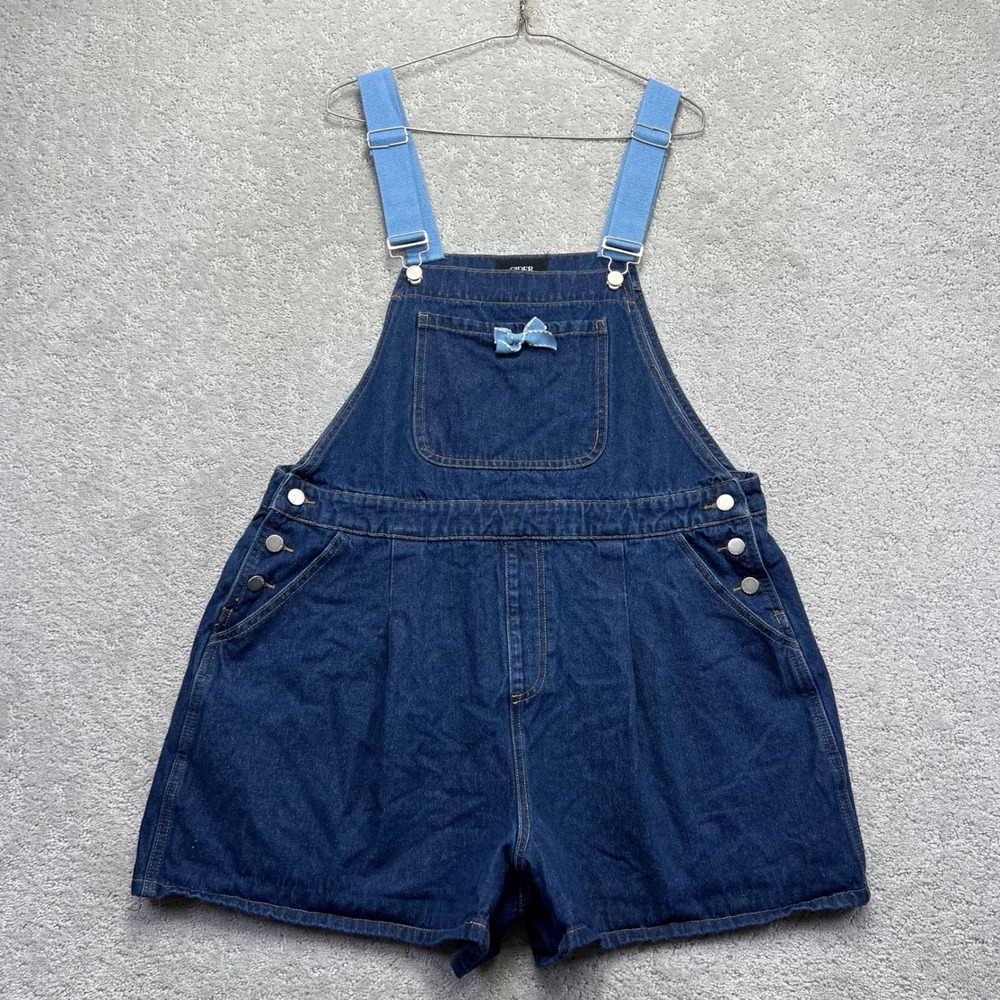 Cider Denim Overall Shorts Womens 1XL Blue Dark Wash Bow Detail Adjustable Strap